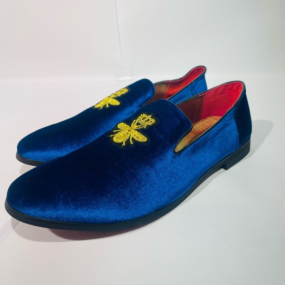 Men's Blue Velvet Loafers with Embroidered Design - Picture 1 of 12